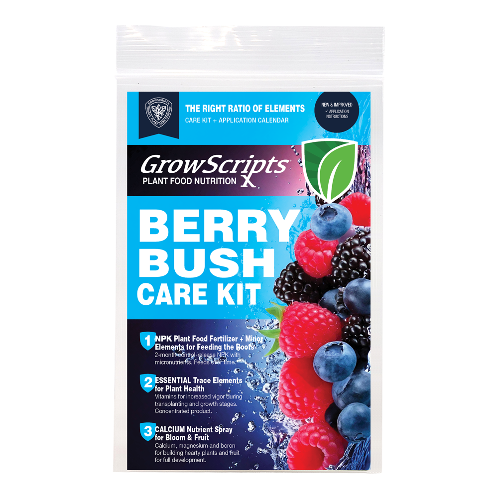 GrowScripts Berry Bush Care Kit packaging with berries on a white background