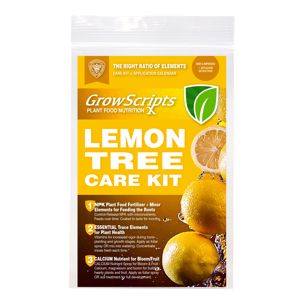 GrowScripts Lemon Tree Care Kit packaging with lemon images on a white background
