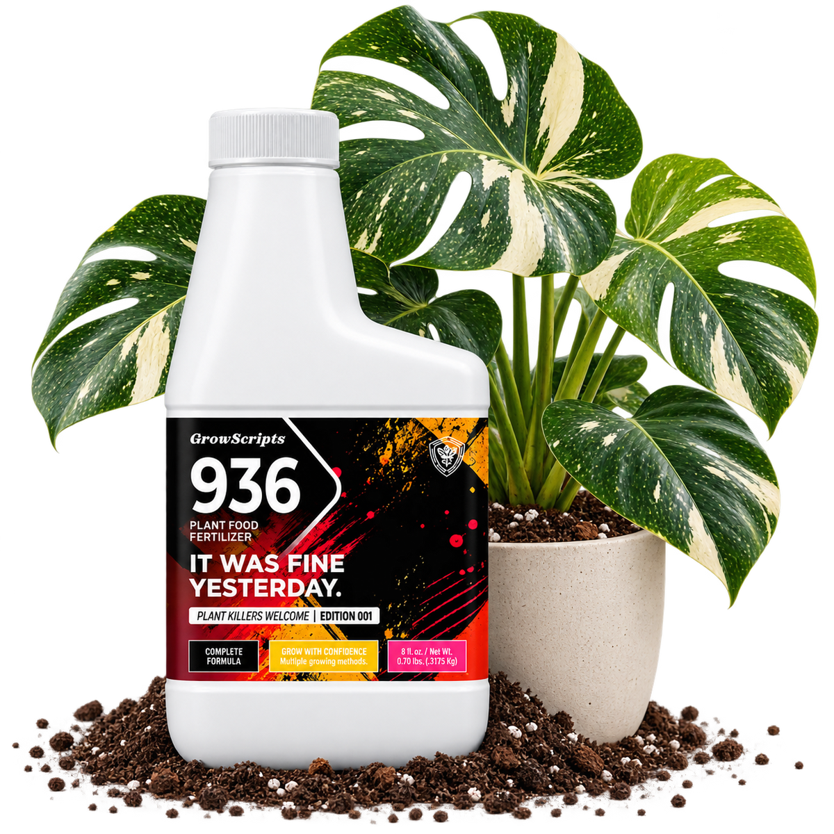 A white plastic bottle of GrowScripts 936 Plant Food Fertilizer with a black, red, and orange label, styled in front of a potted variegated Monstera plant on soil.