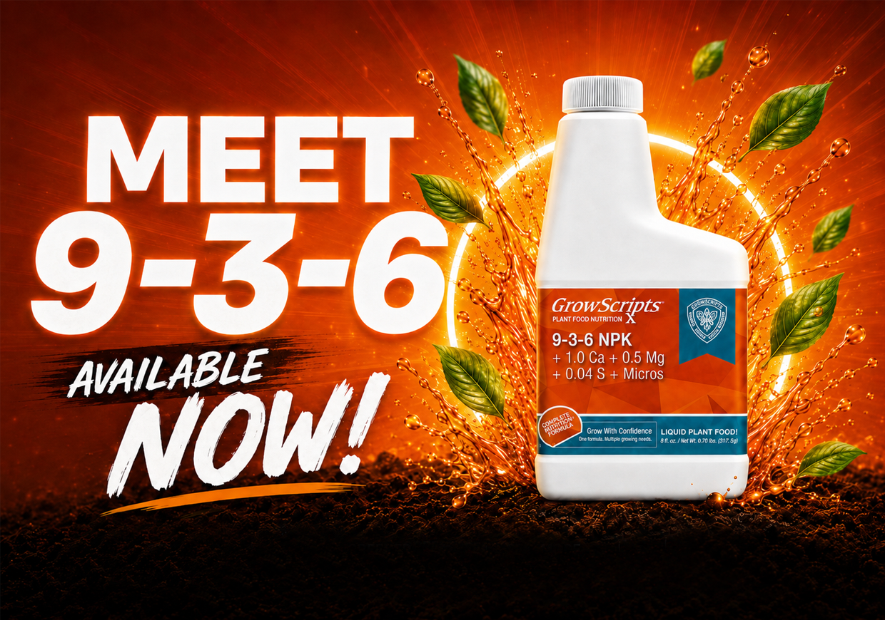 GrowScripts 9-3-6 NPK liquid plant food in a white plastic bottle, set against a dramatic orange and brown background with soil, splashing water, floating leaves, and bold text reading 'MEET 9-3-6 AVAILABLE NOW!'.