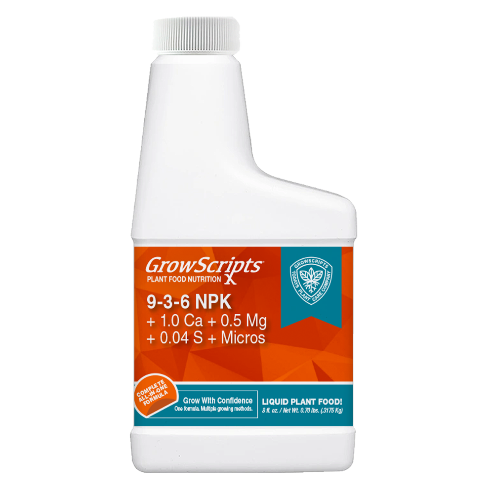 A white plastic bottle of GrowScripts 9-3-6 NPK liquid plant food with a white cap, featuring an orange and teal label.