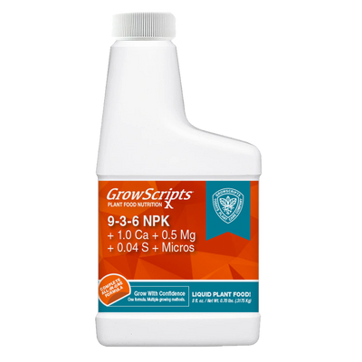 A white plastic bottle of GrowScripts 9-3-6 NPK liquid plant food with a white cap, featuring an orange and teal label.
