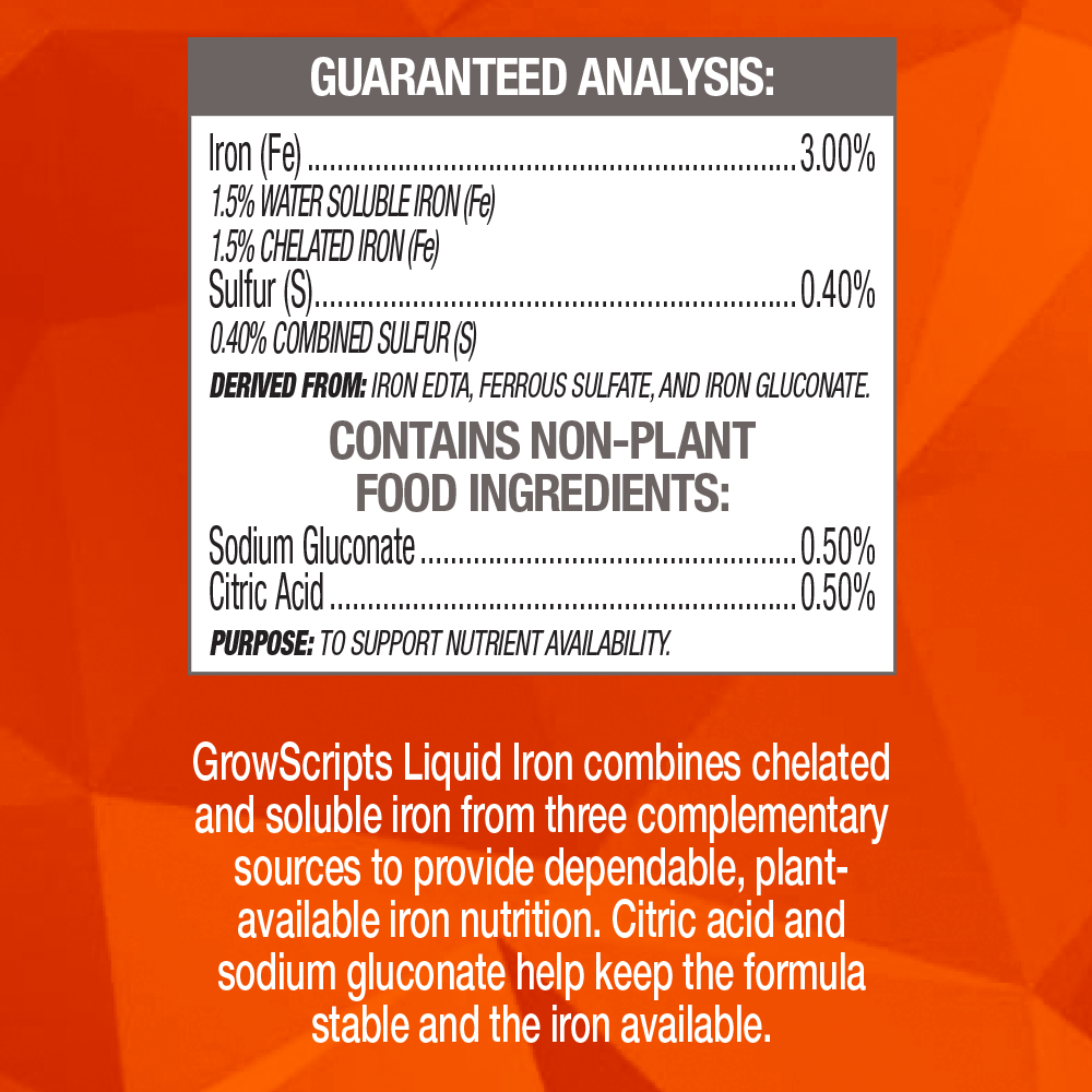 Guaranteed analysis label for GrowScripts Liquid Iron on an orange background