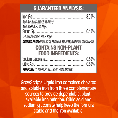 Guaranteed analysis label for GrowScripts Liquid Iron on an orange background