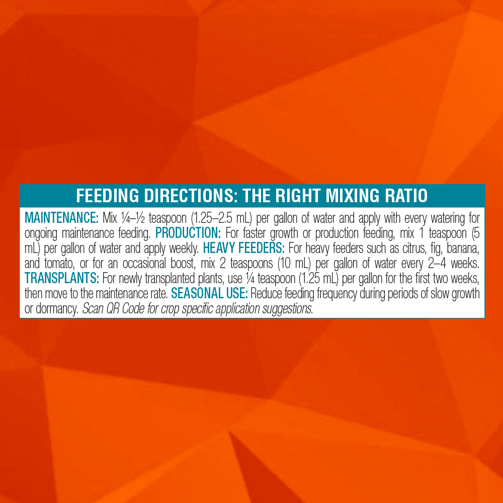 Feeding directions for plant care on a geometric orange background