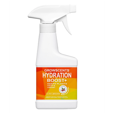 Spray bottle labeled 'Growscents Hydration Boost+' on a white background