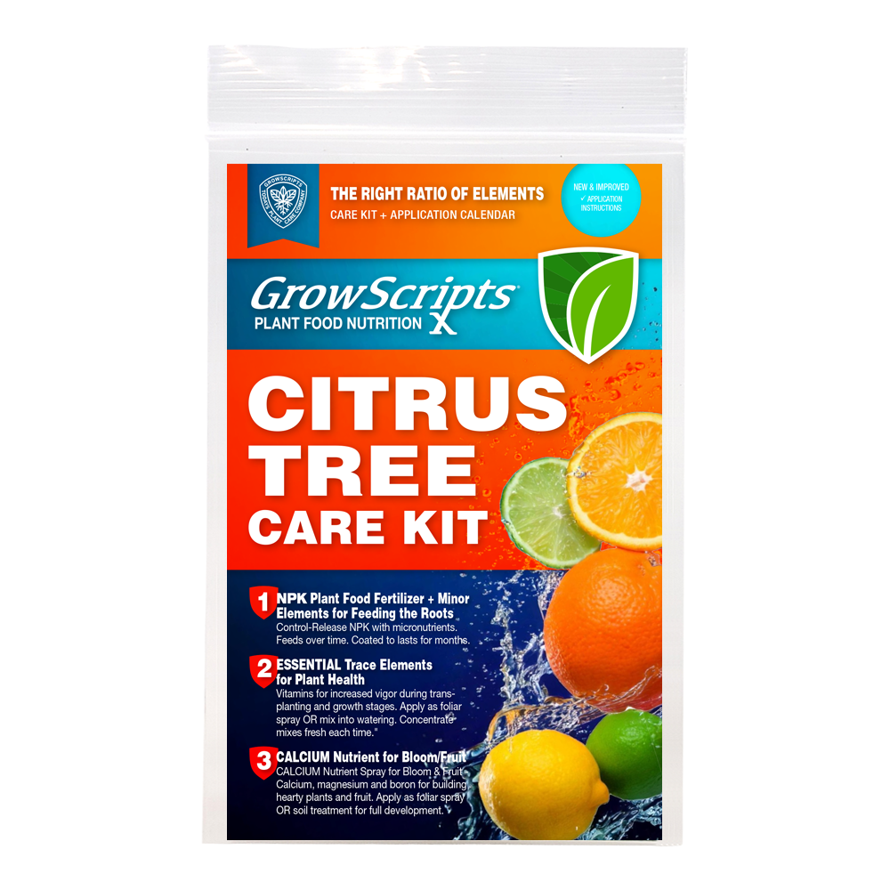 GrowScripts Citrus Tree Care Kit packaging with citrus fruits on a white background