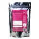 Silver packaging with a pink label on a white background