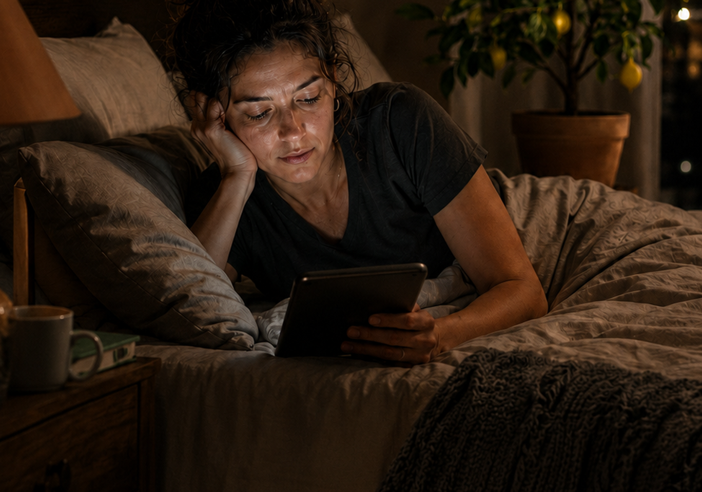 A woman lying in bed under a blanket, holding a tablet and looking at the screen in a dimly lit bedroom.