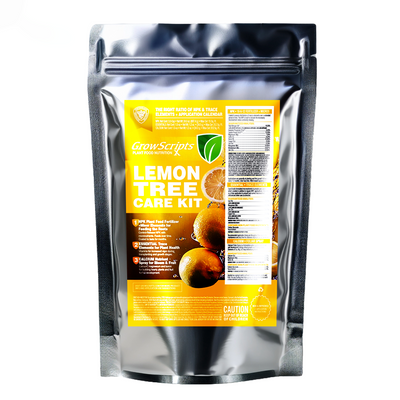 Silver packaging of a lemon tree care kit with a yellow label on a white background