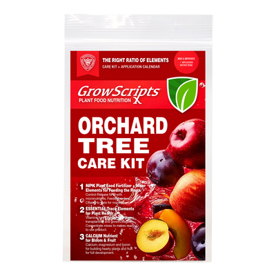 GrowScripts Orchard Tree Care Kit packaging with fruits on a white background