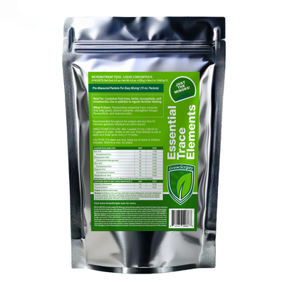 Silver packaging with green label for Essential Trace Elements on a white background