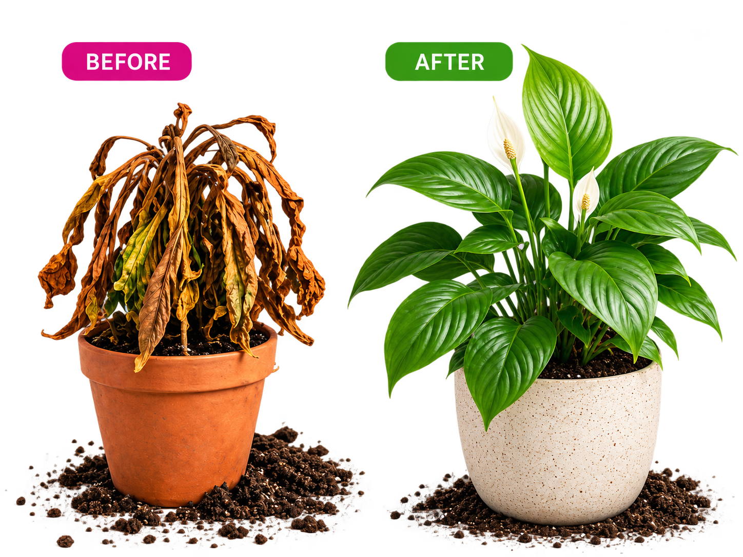 Before and after comparison of a potted peace lily plant. On the left, labeled 'BEFORE', the plant is dry and wilted in a terracotta pot with exposed soil.
