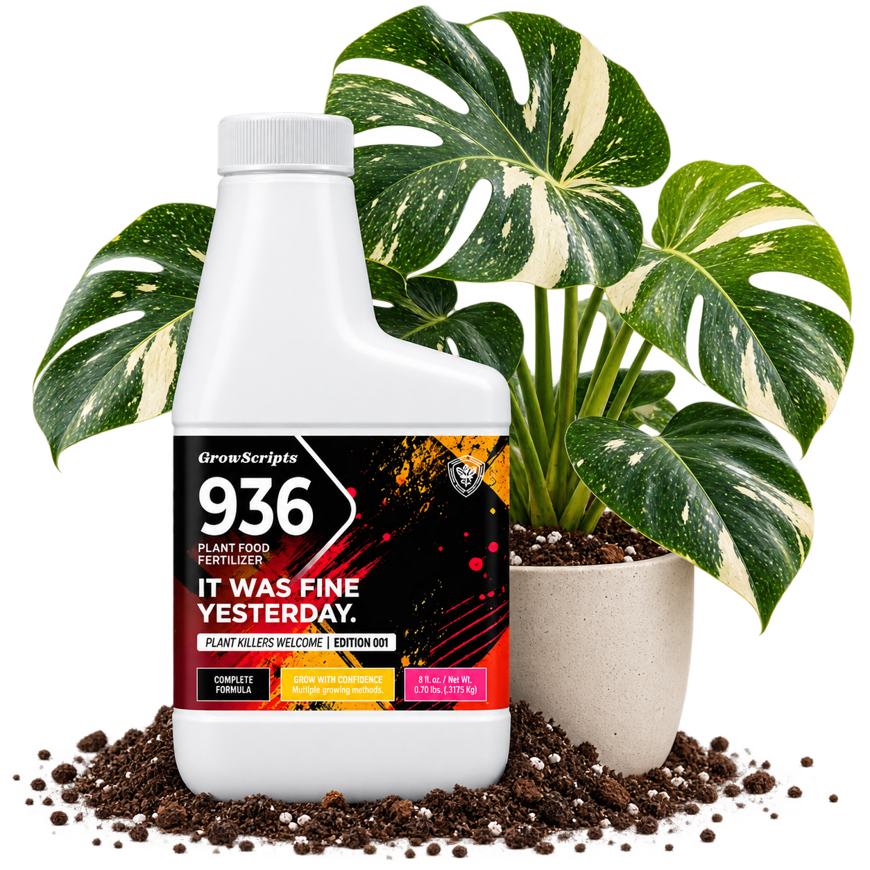 A white plastic bottle of GrowScripts 936 Plant Food Fertilizer with a black, red, and orange label, styled in front of a potted variegated Monstera plant on soil.