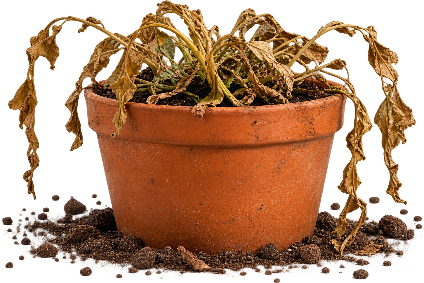 A dried, withered potted plant in a terracotta-colored plastic pot, surrounded by spilled soil on a plain white background.