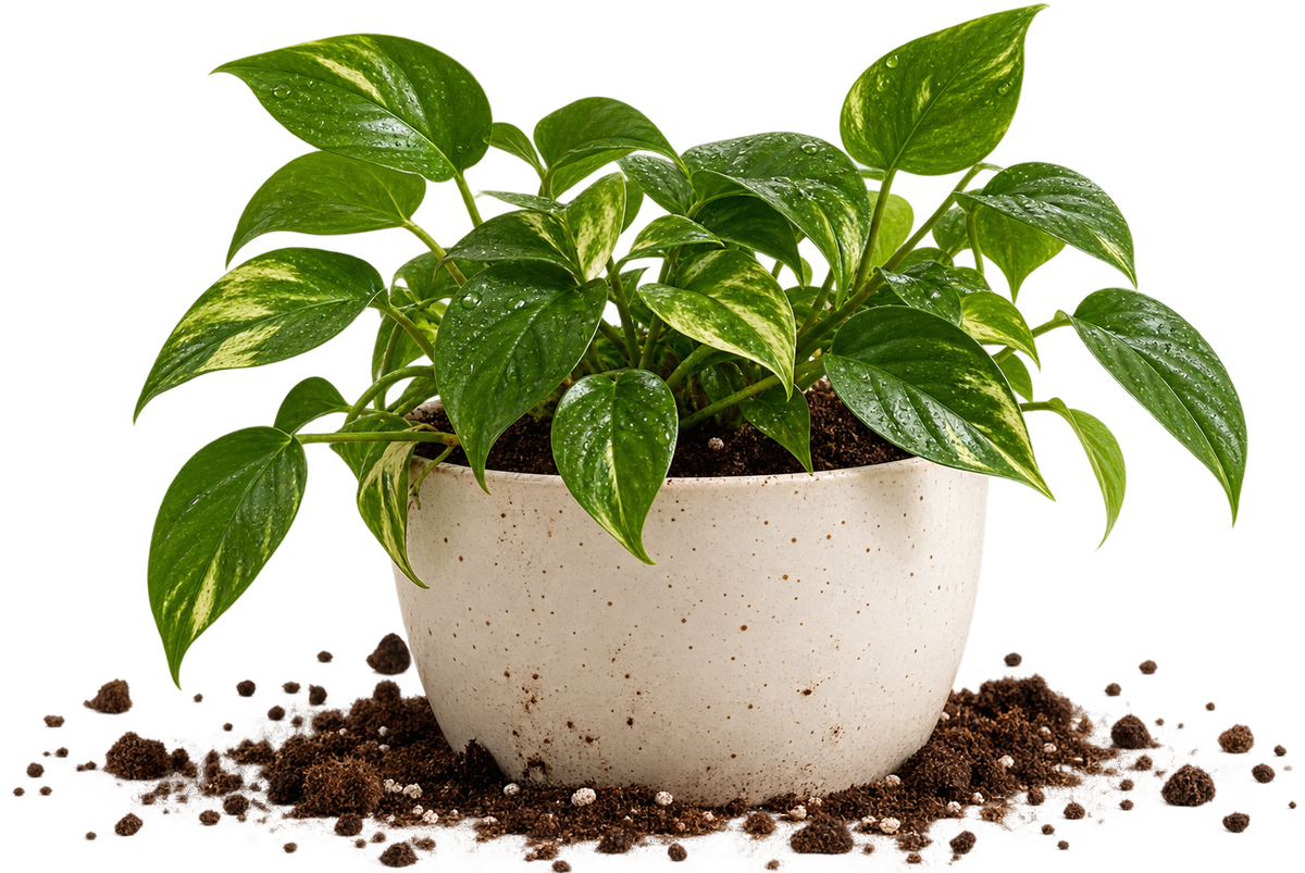 A green pothos plant with variegated leaves in a speckled off-white ceramic pot, surrounded by loose soil on a white background.
