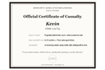 A black-framed certificate print with a white background and placeholder text reading 'Official Certificate of Casualty Kevin'.