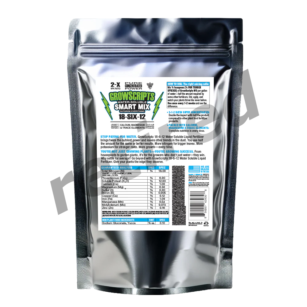 Silver packaging with a label for Grow Scripts Smart Mix on a white background