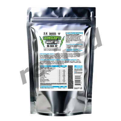 Silver packaging with a label for Grow Scripts Smart Mix on a white background